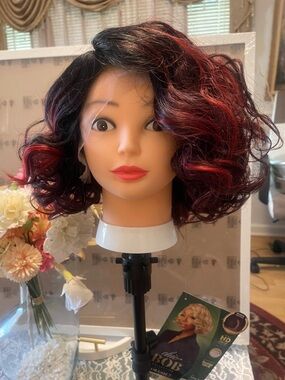 Short Curly Bob Wig in Black with Red Highlights - Women Hair